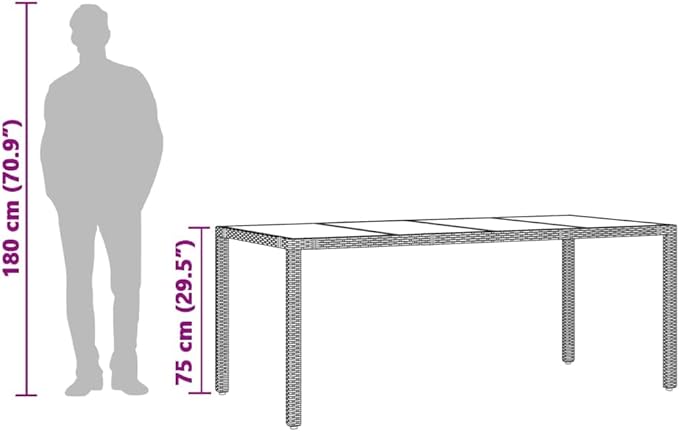 vidaXL Patio Table - Outdoor Garden Furniture Gray Poly Rattan - Glass top Modern Deck Table - 74.8" x 35.4" x 29.5" - Photo 3