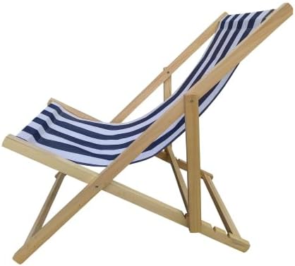 Populus Wood Sling Chair Blue Stripe Folding Chaise Lounge Chair for Outdoor Beach Pool Patio Dark Blue Adjustable Recliner No Assembly Needed