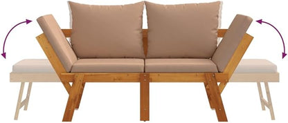 Solid Acacia Wood Garden Bench Taupe Rectangular 29.1 x 80.7 in Convertible Daybed for Outdoor Patio Garden Terrace Seating