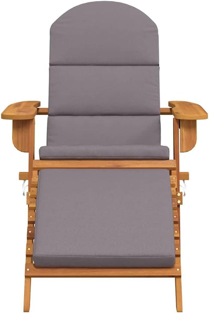 Dark Grey Cushion Adirondack Garden Chair with Foldable Design and Matching Footrest for Outdoor Relaxation, Solid Acacia Wood Construction, Wide Arms and Slanted Backrest,