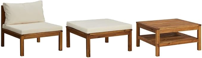 3-Piece Acacia Wood Garden Lounge Set, Stackable Sectional 27.2x25.6x13.8 in, Cream & Brown, Weather-Resistant - Photo 2