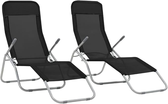 Textilene Folding Sunlounger Set of 2, Black Powder-Coated Steel Frame Outdoor Chaise 55.9"x23.6"x38.2" - Photo 1