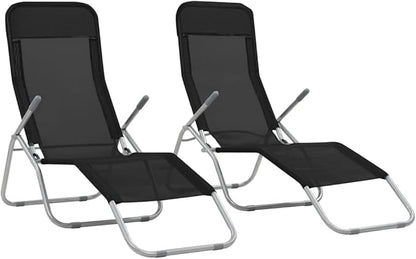 Textilene Folding Sunlounger Set of 2, Black Powder-Coated Steel Frame Outdoor Chaise 55.9"x23.6"x38.2", Zero-Assembly Poolside Patio Recliner for Garden, Beach and Balcony