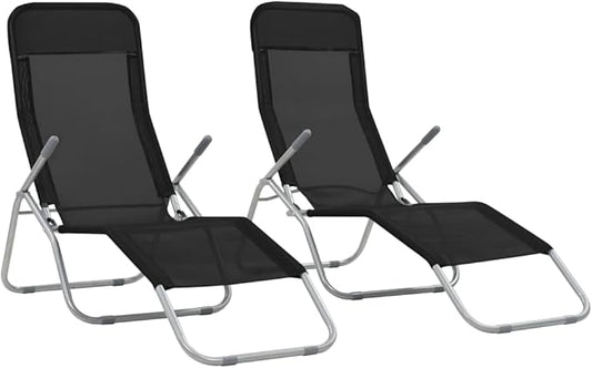 Textilene Folding Sunlounger Set of 2, Black Powder-Coated Steel Frame Outdoor Chaise 55.9"x23.6"x38.2", Zero-Assembly Poolside Patio Recliner for Garden, Beach and Balcony