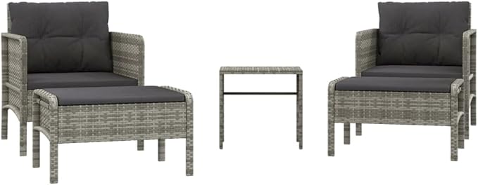 vidaXL 5 Piece Patio Lounge Set - Gray Poly Rattan Outdoor Furniture with Metal Frame, Cushioned Chairs, Stools & Table - Industrial Look for Garden & Terrace