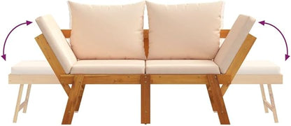 Acacia Wood Garden Bench with Beige Cushions 2-Seater Adjustable Armrests Convertible Sun Lounger Durable Weather Resistant Outdoor Patio Furniture