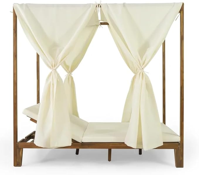 Christopher Knight Home Kenzie Acacia Wood Outdoor Daybed with Canopy, Double Chaise Lounge Chair Outdoor with Cushion - Photo 4
