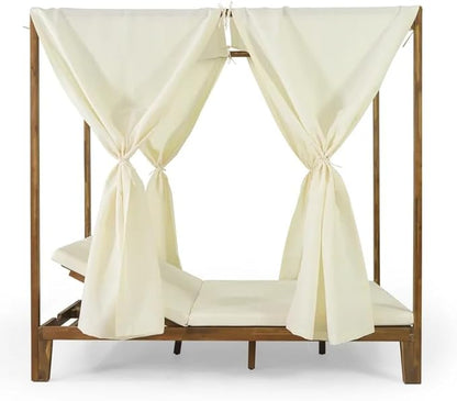 Christopher Knight Home Kenzie Acacia Wood Outdoor Daybed with Canopy, Double Chaise Lounge Chair Outdoor with Cushion, Adjustable Backrest Patio Sun Lounger Set of 2, Teak+Cream