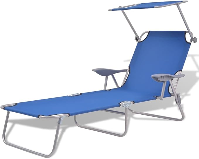 Folding Chaise Lounge with Canopy Blue Powder-Coated Steel Frame Outdoor Sun Lounger Adjustable Backrest - Photo 1