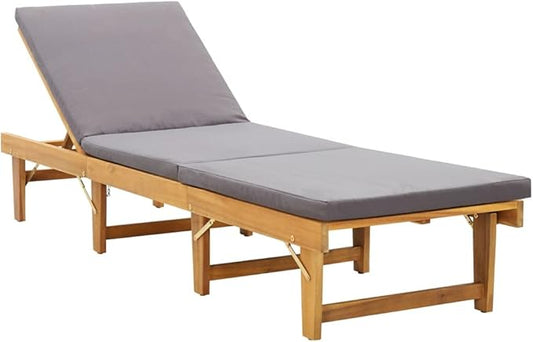 Folding Acacia Wood Sun Lounger 24 x 78.7 x 33.9 in Grey Reclining Outdoor Chaise for Patio Poolside Backyard Balcony