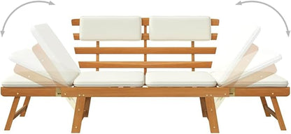 Light Brown Cream Solid Acacia Wood 2-in-1 Convertible Outdoor Bench and Sun Lounger Garden Patio Furniture for Relaxation in Sunroom or Backyard
