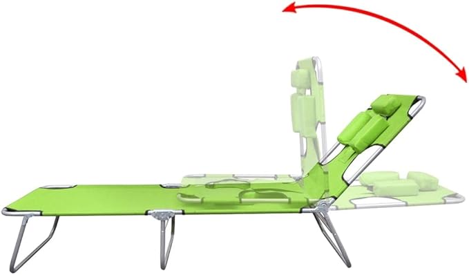Folding Green Sun Lounger 74.4"x22.8"x10.6" Steel Chaise, Adjustable Tanning Chair w/Head Cushion, UV Fabric - Photo 4