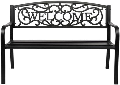 Patio Outdoor Park Loveseat Bench for Garden Porch Deck Made Cast Iron Anti-Rust Aluminum Metal, 2-3 Seater (50" Inch Welcome Cast IIron Bench)