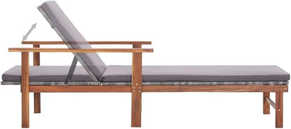 Outdoor Chaise Lounge 78.7 in Grey Poly Rattan with Acacia Wood Frame Adjustable Reclining Patio Sunbathing Chair for Garden Poolside Deck