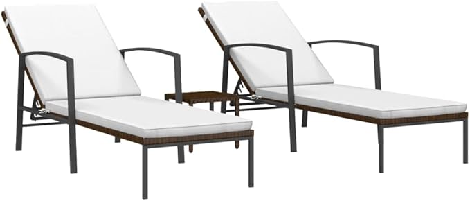 vidaXL 2 pcs Adjustable Sun Loungers with Table, Poly Rattan Brown with Cream White Cushion, Outdoor Garden Patio Furniture, Sturdy Steel Frame