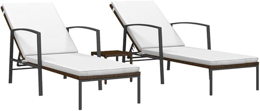 vidaXL 2 pcs Adjustable Sun Loungers with Table, Poly Rattan Brown with Cream White Cushion, Outdoor Garden Patio Furniture, Sturdy Steel Frame