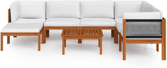 8-Piece Acacia Wood Modular Garden Lounge Set with Weather-Resistant Cushions, Cream and Brown Rustic Outdoor Furniture for Patio or Indoor Seating