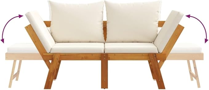 2-in-1 Adjustable Garden Bench in Cream White, Solid Acacia Wood Convertible Design with Breathable Seating and Comfortable Cushions, Durable Outdoor Furniture for Patio