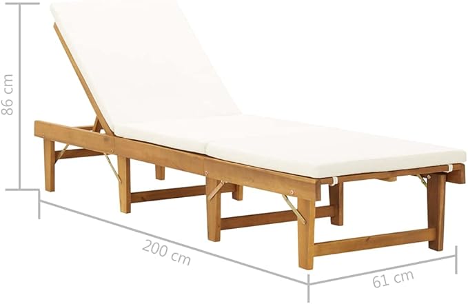 Acacia Wood Folding Chaise Lounge, 78.7"x24"x33.9", Adjustable Reclining, Brown/Beige, Pool Patio Garden - Photo 2