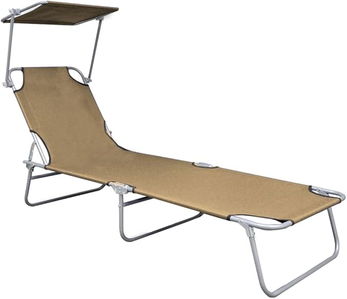 Taupe Folding Sun Lounger with Canopy, 74.2" Outdoor Chaise for Beach Patio Pool, 264 lb Capacity, No Assembly - Photo 4