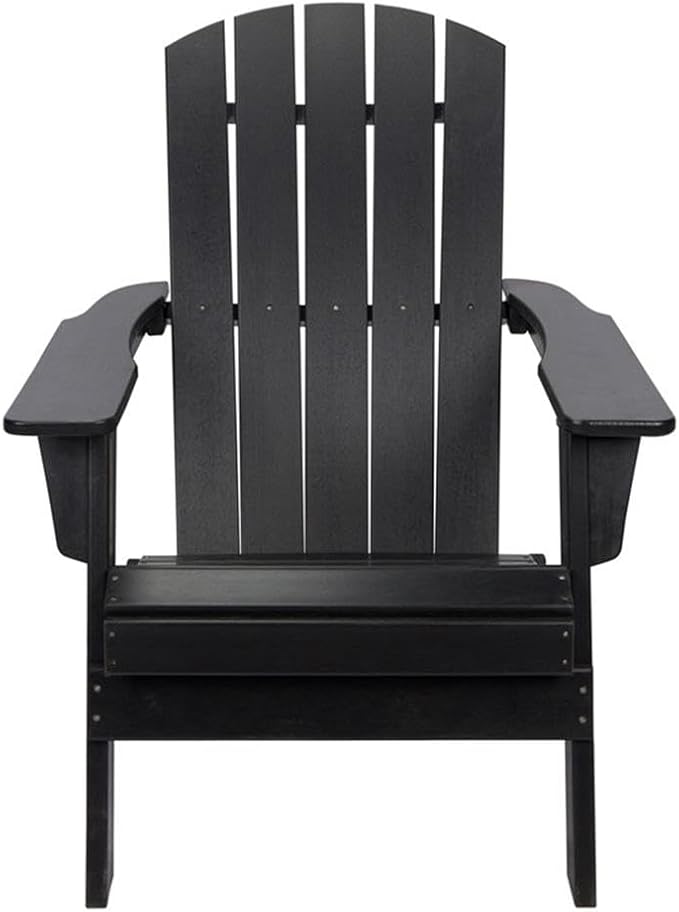 Pemberly Row Folding Adirondack Chair, 37"H x 29"W x 32"D, All-Weather Resin, Black Finish, HDPE Plastic, UV-Protected, Scratch-Resistant, Indoor/Outdoor Use, Porch, Patio, Backyard, Garden Seating