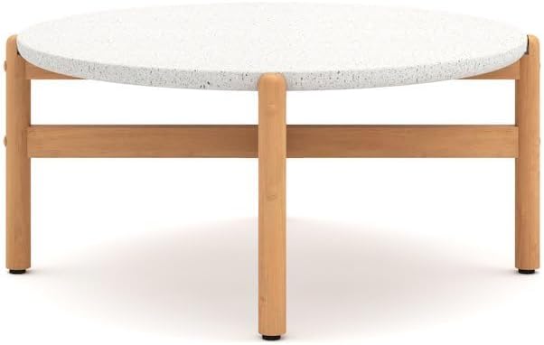 Round Outdoor Coffee Table in Brown Acacia Wood, Circle Coffee Table with Durable Terrazzo Top for Patio and Garden Lounge Settings