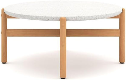 Round Outdoor Coffee Table in Brown Acacia Wood, Circle Coffee Table with Durable Terrazzo Top for Patio and Garden Lounge Settings