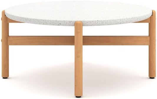 Round Outdoor Coffee Table in Brown Acacia Wood, Circle Coffee Table with Durable Terrazzo Top for Patio and Garden Lounge Settings