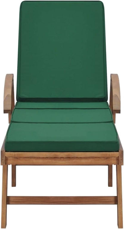 Sun Lounger Set of 2, Outdoor Patio Chaise Lounge Chairs with Adjustable Backrest and Wheels, Solid Teak Wood Poolside Garden Furniture, Green Polyester Cushions for Relaxation