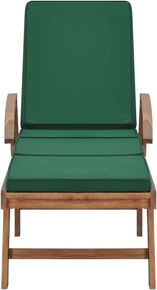 Set of 2 Outdoor Sun Loungers, Extra Long Solid Teak Wood Reclining Pool Chairs with Green Cushions, Adjustable Backrest Patio Furniture