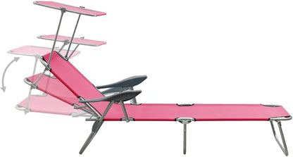 Sun Lounger,Outdoor All-Weather Patio Chaise Lounge Chair,Outdoor Recliner Lounge Chair Sun Loungers,for Garden, Balcony with Canopy Steel Pink