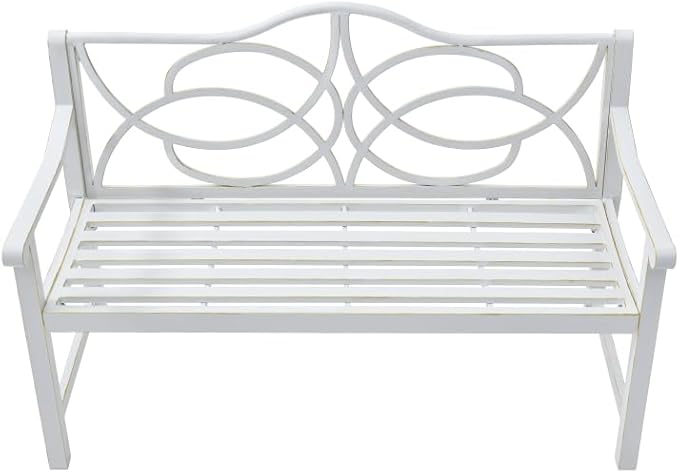 Outdoor Patio Garden Bench, Iron Metal Steel Park Bench with Backrest and Armrest, Slatted Seat for Yard Porch Balcony, Accommodates 2-3 People, White