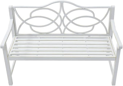 Outdoor Patio Garden Bench, Iron Metal Steel Park Bench with Backrest and Armrest, Slatted Seat for Yard Porch Balcony, Accommodates 2-3 People, White