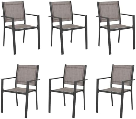 Patio Dining Chairs Set of 6, All-Weather High-Resilience Textilene Outdoor Dining Chair, Heavy-Duty Stackable Minimalist Outdoor Chairs with Armrest, Patio Chairs for Lawn Deck Pool, Brown