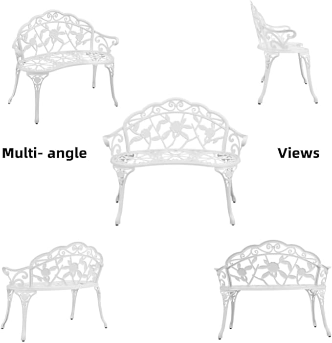 Patio Aluminum Outdoor Bench, Garden Metal Loveseat Furniture, Rose Carving Antique White Front Porch Chair Seat