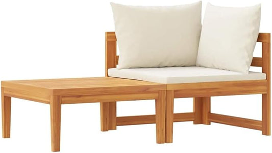 2-Piece Garden Lounge Set Cream White Solid Acacia Wood Medium Durable Corner Sofa with Cushions for Outdoor Patio Balcony