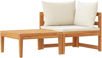 Cream White Solid Acacia Wood Medium Durable Garden Lounge Set 2-Piece Corner Sofa with Weather-Resistant Cushions for Outdoor Patio Balcony Sunroom Relaxation