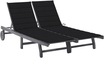 2-Person Grey Acacia Wood Outdoor Lounge Chair with Wheels, 78.7"x23.6"x38.6", Adjustable Backrest & Cushions