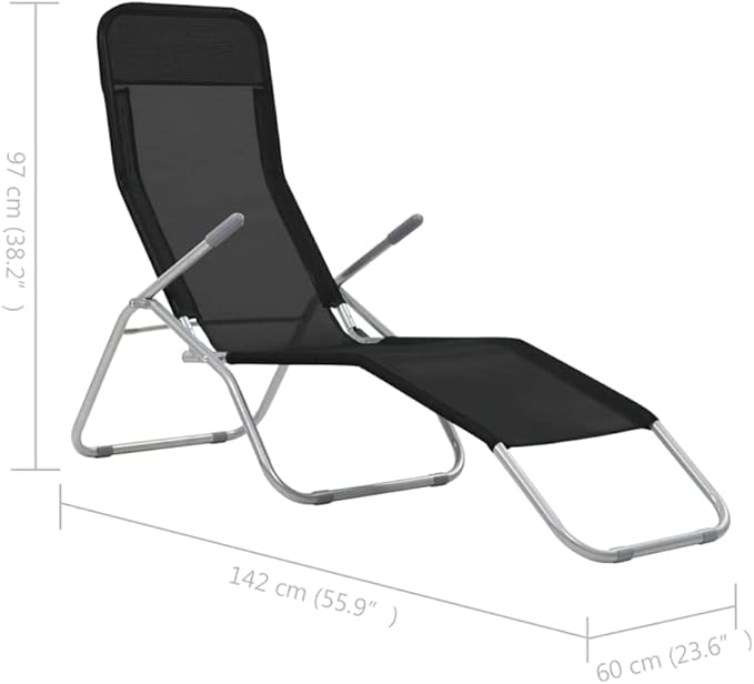 Textilene Folding Sunlounger Set of 2, Black Powder-Coated Steel Frame Outdoor Chaise 55.9"x23.6"x38.2" - Photo 2