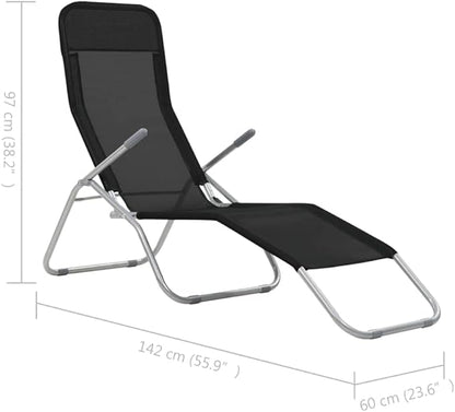 Textilene Folding Sunlounger Set of 2, Black Powder-Coated Steel Frame Outdoor Chaise 55.9"x23.6"x38.2", Zero-Assembly Poolside Patio Recliner for Garden, Beach and Balcony
