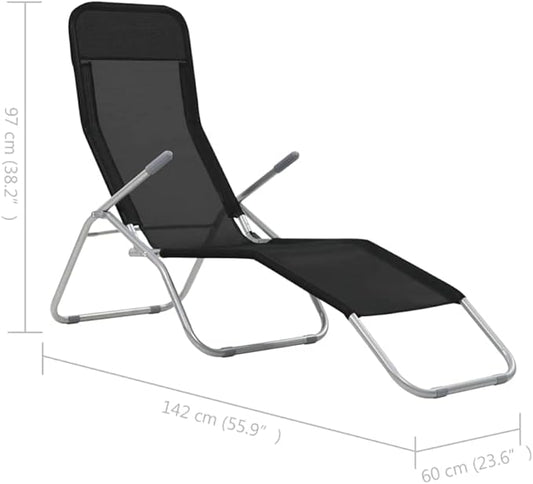 Textilene Folding Sunlounger Set of 2, Black Powder-Coated Steel Frame Outdoor Chaise 55.9"x23.6"x38.2", Zero-Assembly Poolside Patio Recliner for Garden, Beach and Balcony