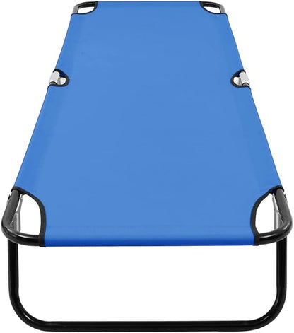 Folding Blue Sun Lounger Steel Frame Portable Camping Cot 22.8 x 74.8 x 11 in Weather-Resistant Polyester for Garden Patio Beach or Poolside