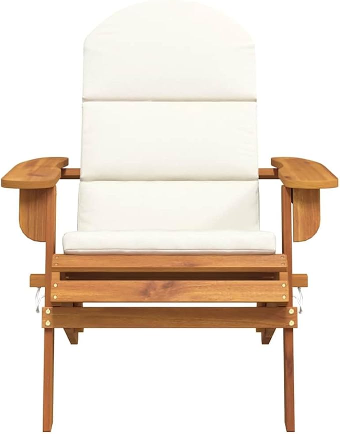 Solid Acacia Wood Adirondack Garden Chair with Cream White Finish and Natural Wood Tone, Comfortable Cushion - Photo 3