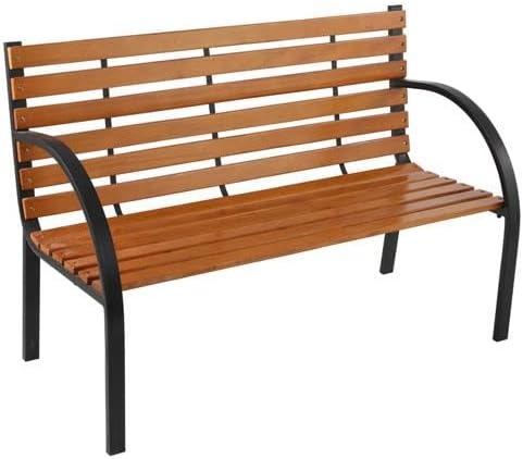 48" Outdoor Garden Bench, Patio Furniture Outdoor Chair with Hardwood Slats and Steel Frame, Weather Proof 2-Person Outdoor Loveseat with Black Handrail for Park, Porch, Pool, Backyard