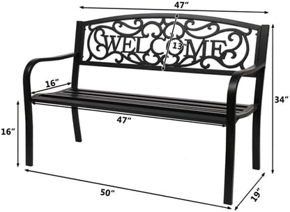 Patio Outdoor Park Loveseat Bench for Garden Porch Deck Made Cast Iron Anti-Rust Aluminum Metal, 2-3 Seater (50" Inch Welcome Cast IIron Bench)