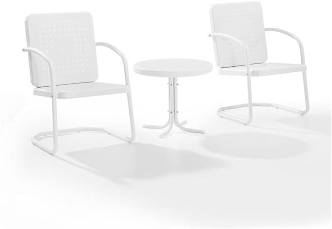 Pemberly Row 3 Piece Metal Outdoor Chair Set, Steel Construction, White Gloss Finish, Retro Patio Furniture with Basket Weave Design, Weatherproof for Small Spaces, Porch, Balcony or Patio Use