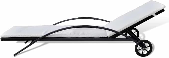 Outdoor Chaise Lounge for Patio Black Cream 78.7in Poly Rattan Reclining Sun Lounger with Wheels Adjustable Backrest Powder-Coated Steel Frame Compact for Balcony Garden Poolside