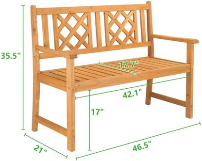 Outdoor Garden Wooden Bench with Fir Grid Back, Burlywood Patio Seat for Porch Deck Yard, Weather-Resistant Slatted Design with Armrests, Folding Structure for Comfort Lounging and Rustic Style Décor