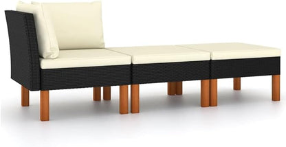 3-Piece Outdoor Lounge Set, Black and Cream Patio Sectional Sofa, 23.6x23.6x12.6 in PE Rattan & Steel Frame, Quick-Assembly Backyard or Balcony Couch for Garden, Deck and Terrace