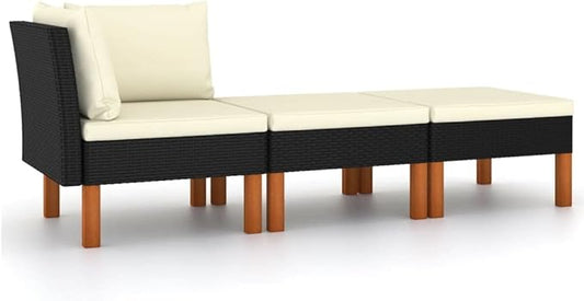 3-Piece Outdoor Lounge Set, Black and Cream Patio Sectional Sofa, 23.6x23.6x12.6 in PE Rattan & Steel Frame, Quick-Assembly Backyard or Balcony Couch for Garden, Deck and Terrace
